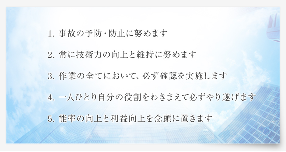 1. 事故の予防・防止に努めます 2. 常に技術力の向上と維持に努めます 3. 作業の全てにおいて、必ず確認を実施します 4. 一人ひとり自分の役割をわきまえて必ずやり遂げます 5. 能率の向上と利益向上を念頭に置きます